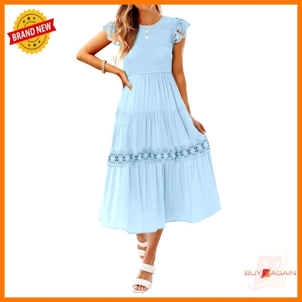 Flutter Sleeve Smocked Midi Dress Lace Trim A-Line Chic Casual Elegant